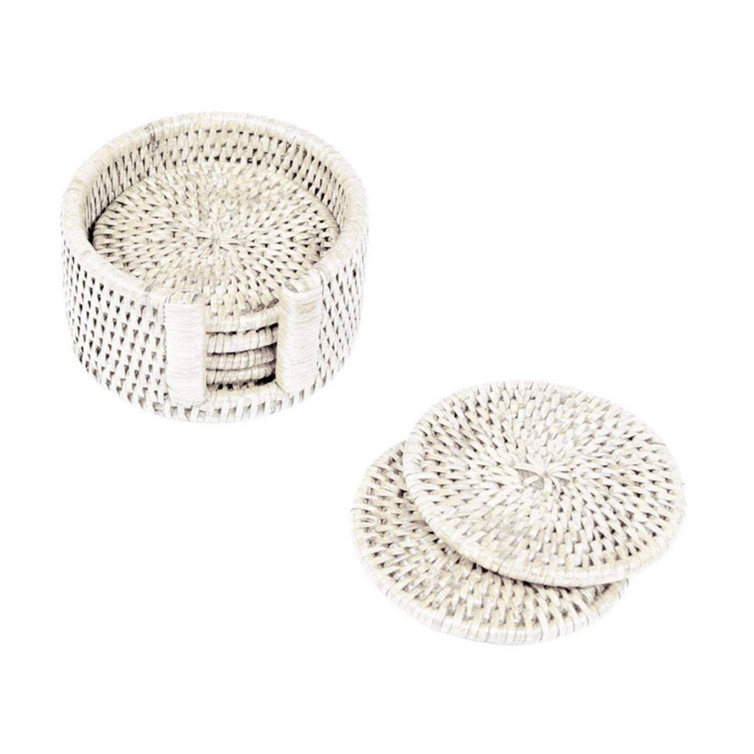 Rattan Round Coasters and Holder - Set of 6