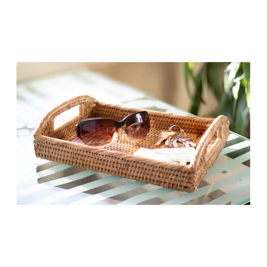 Rectangular Vanity Tray With High Handles - Honey Brown