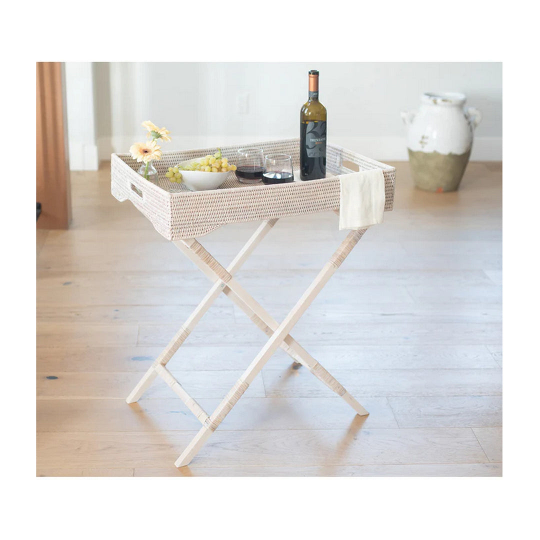 Butler Tray & Table with Glass Insert - White Wash