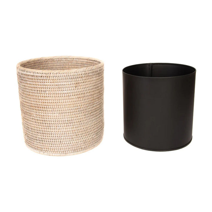 Round Waste Basket with Metal Liner - White Wash
