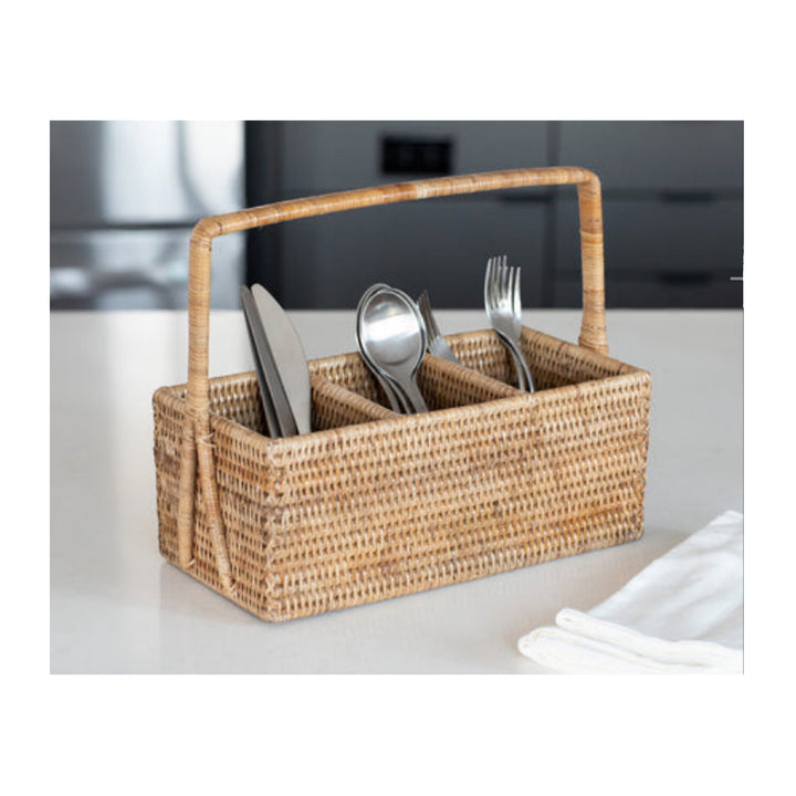 3 Section Caddy/Cutlery Holder with Handle - Honey Brown