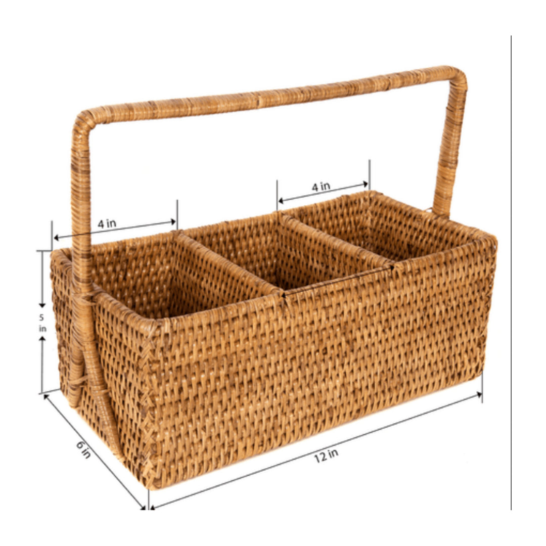 3 Section Caddy/Cutlery Holder with Handle - Honey Brown