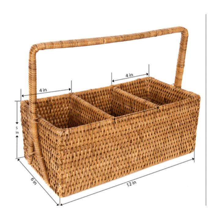3 Section Caddy/Cutlery Holder with Handle - Honey Brown